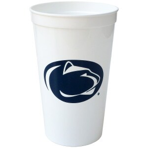 white plastic cup with navy Penn State Athletic Logo